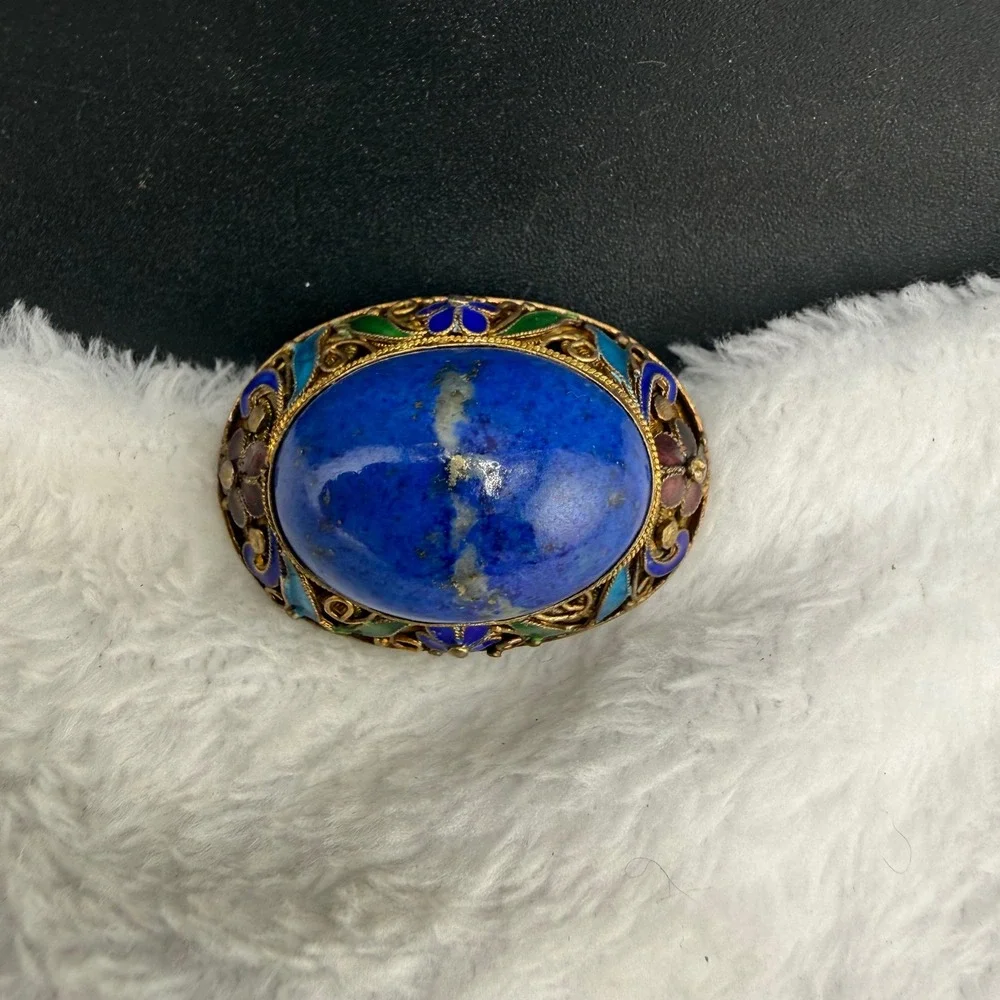 Vintage Chinese Export Enamel Filigree Brooch Blue Sterling Silver 925
